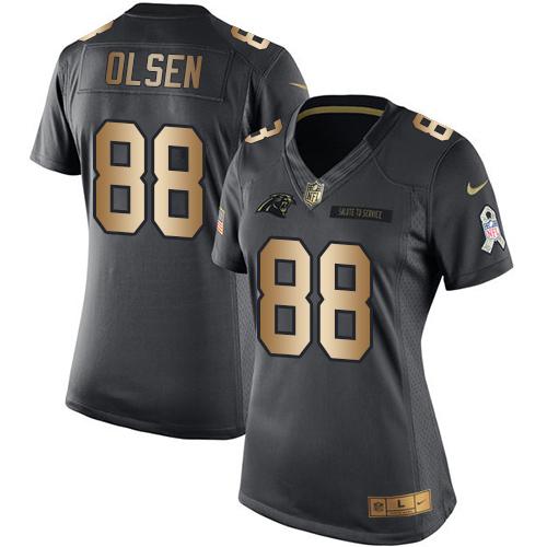 Nike Panthers #88 Greg Olsen Black Women's Stitched NFL Limited Gold Salute to Service Jersey